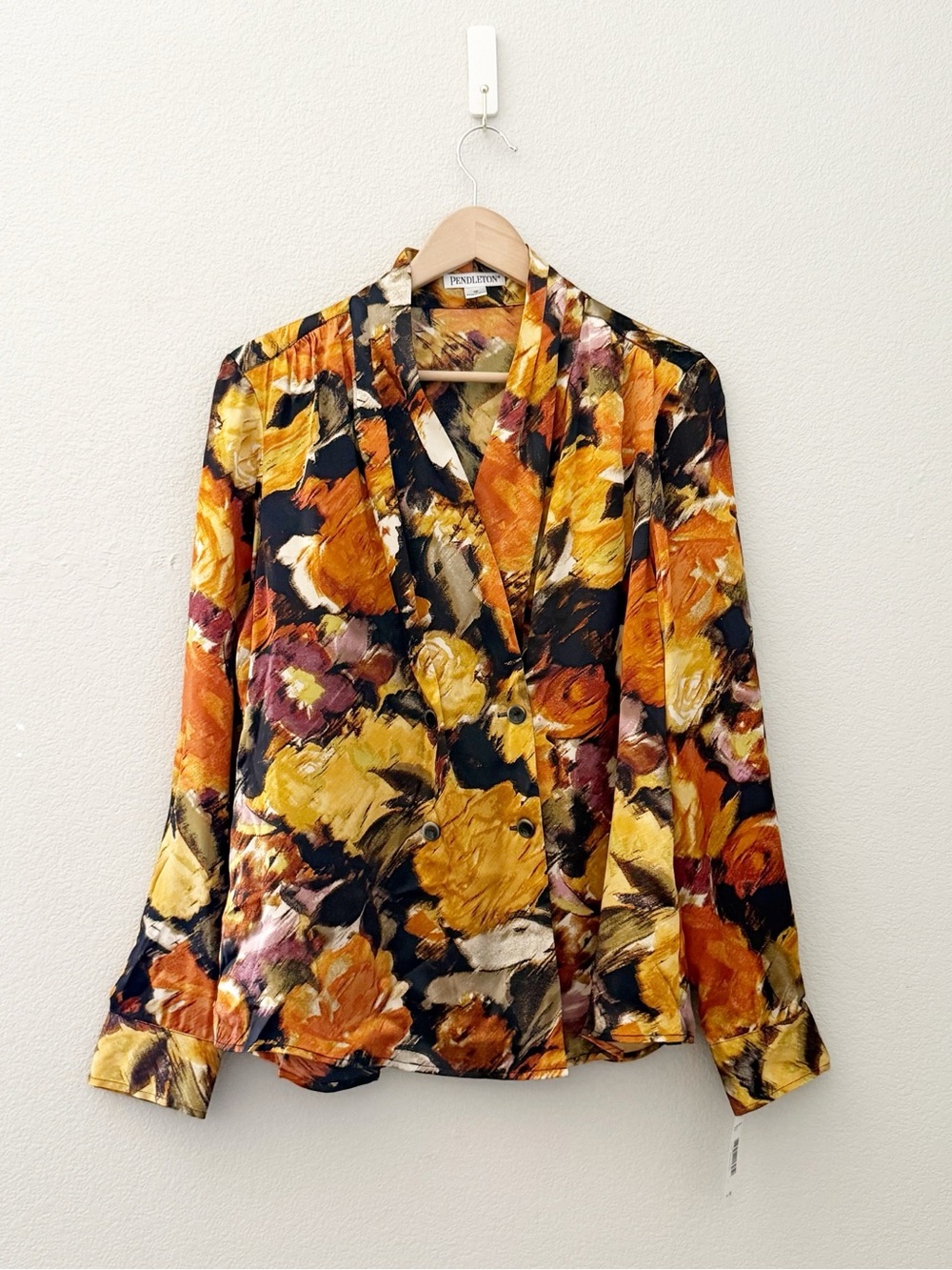 Pendleton 100% Silk Watercolor Floral Double Breasted Top Blouse Old Money NWT